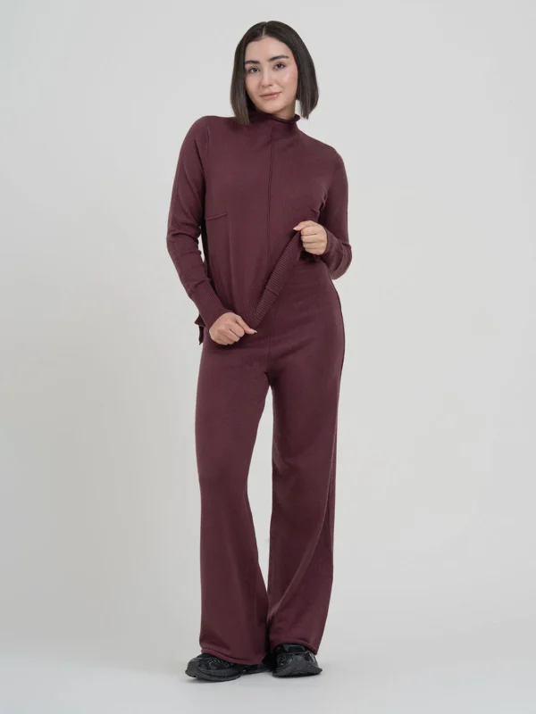 Dark Maroon Co-Ord Sets Women | Full-Length Winter Knit Set